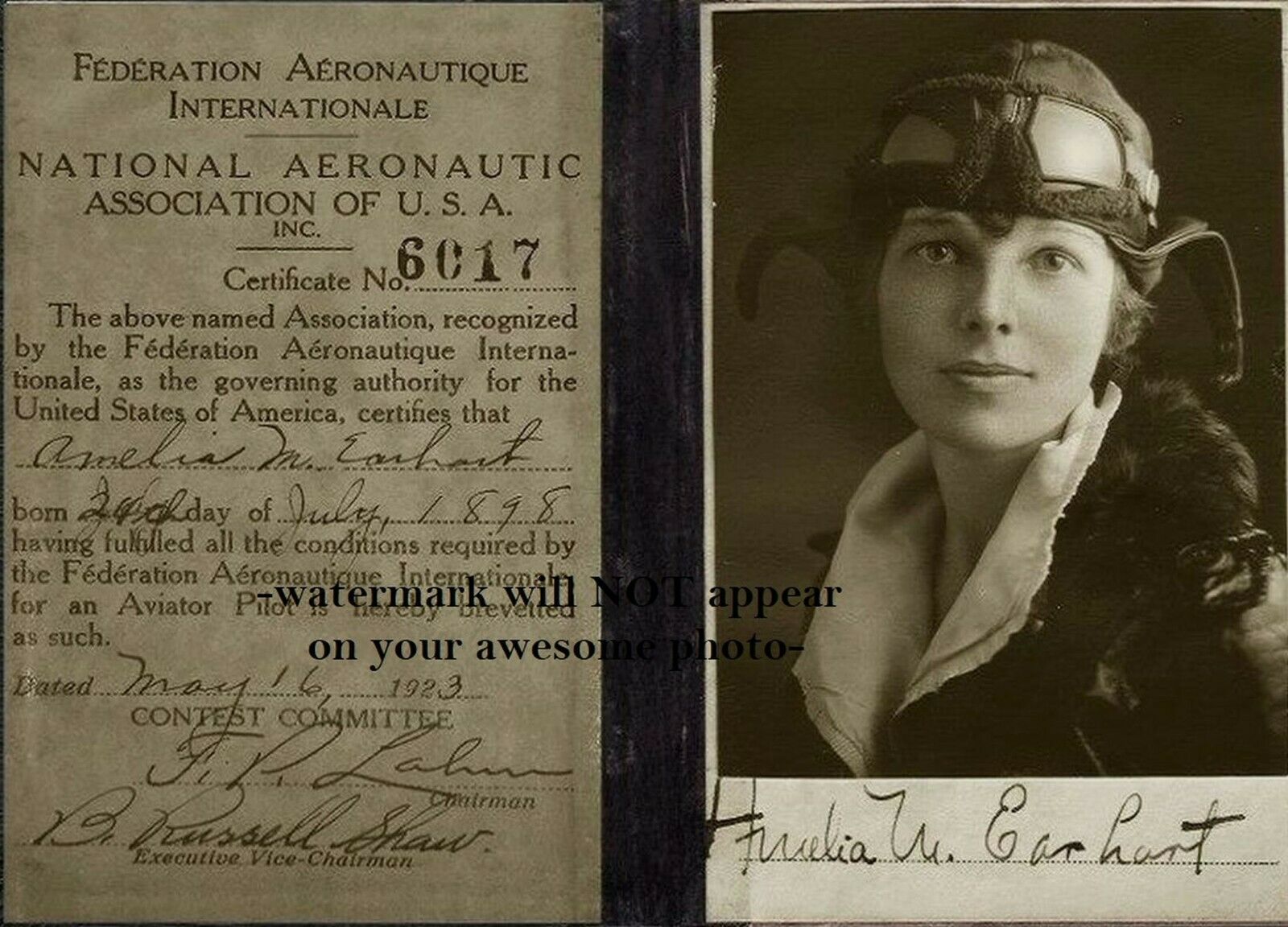 1923 Amelia Earhart Pilot's License PHOTO,No Joke! Autograph / Signature Shown