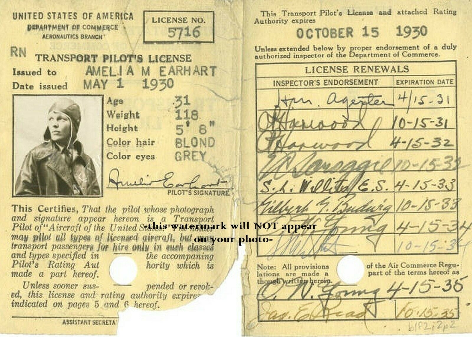 1930 Amelia Earhart Pilot's License PHOTO,No Joke! Autograph / Signature Shown