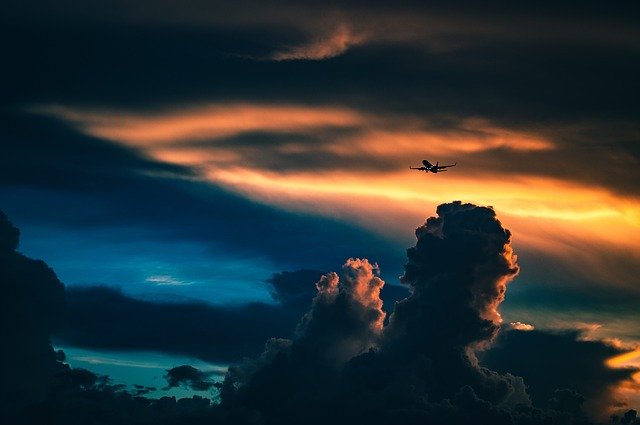 airplane, sunset, clouds