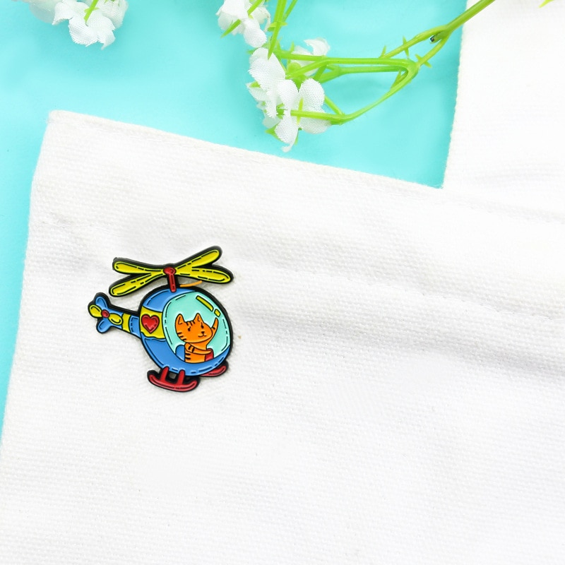 Animal Rescue Helicopter Lapel Pin Cartoon Cute Cat Enamel Brooch Colorful Exquisite Plane Heart Kitten Cartoon Badge