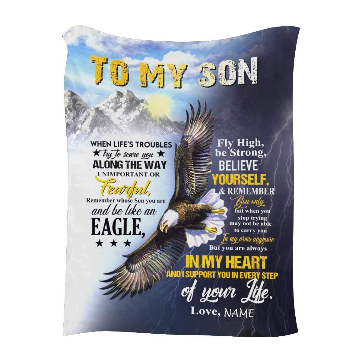 Custom Fleece Your Name Blanket to My Son from Mom and Dad Be Like an Eagle Fly High Be Strong Believe Yourself 100x120cm