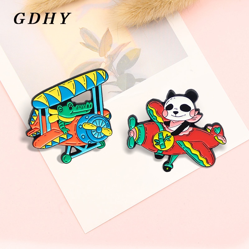 GDHY Color Aircraft Plane Brooch Crocodile Panda Fly an Airplane Enamel Pin Backpack Clothes Badge Jewelry For Kids Friends