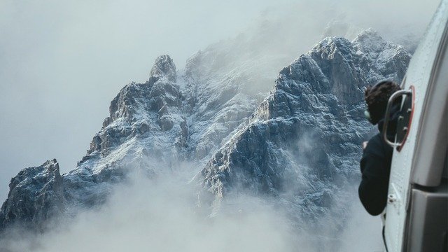 helicopter, mountains, morning mist