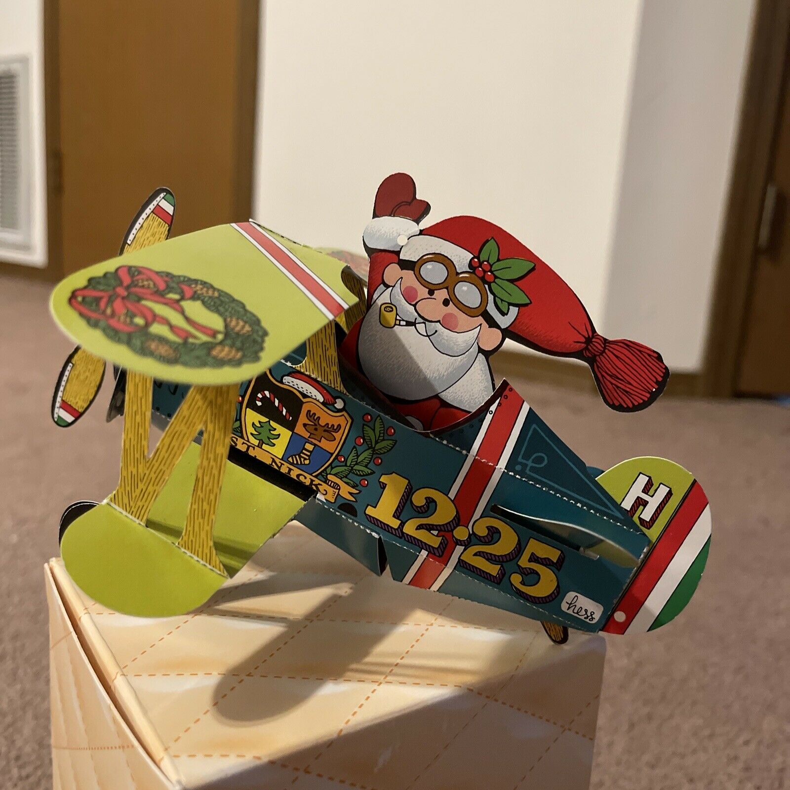 Vintage 3d Popup Christmas Card - Santa Flying an Airplane