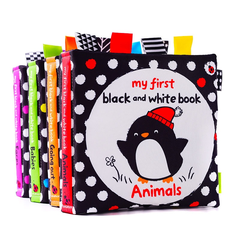 0-36M Baby Early Learning Toy Tail Cloth Book Parent-child Interactive Sound Paper Book Rattle Black White Visual Baby Book