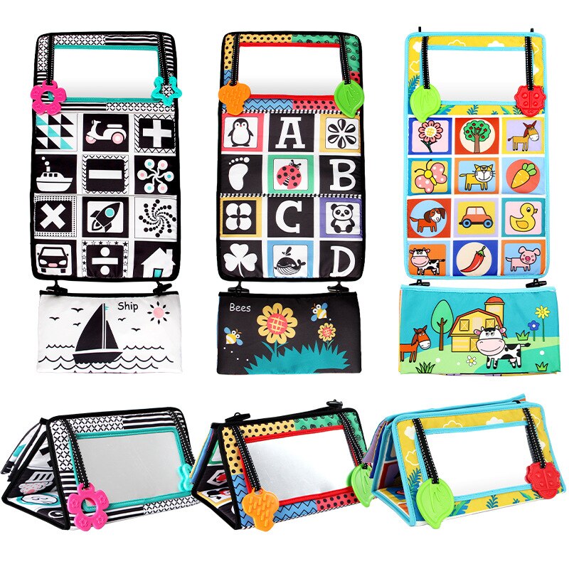 Cute Cartoon Creative Black And White Haha Mirror Cloth Book Toy Graphics Visual Inspire Foldable Baby Toys Vision Training