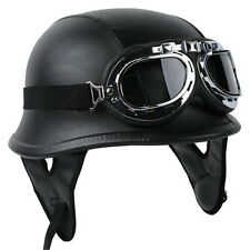 DOT German Black Leather Motorcycle Half Face Helmet Biker Pilot Goggles M L XL