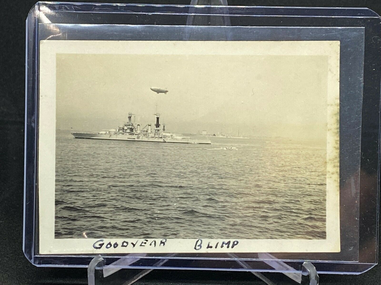 Vintage B&W Photo of the Goodyear Blimp flying above a Navy Destroyer Circa 1933