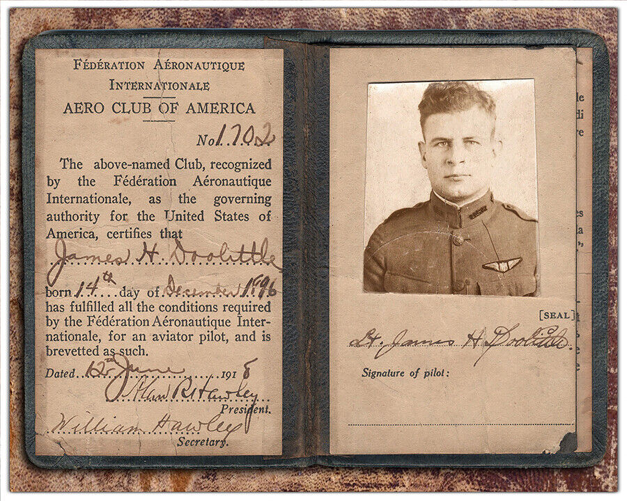 JIMMY DOOLITTLE PILOT'S LICENSE 1918 Souvenir Photo 8X10 - Autograph RP!
